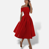 Vestido Midi Hombros Descubiertos Evasé