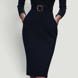 Vestido Midi Pencil Cuello Mandarín Cinturón