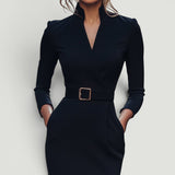 Vestido Midi Pencil Cuello Mandarín Cinturón