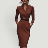Vestido Midi Pencil Cuello Mandarín Cinturón