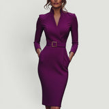 Vestido Midi Pencil Cuello Mandarín Cinturón