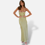 Vestido Maxi Satén Bordado Floral