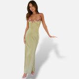 Vestido Maxi Satén Bordado Floral