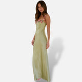 Vestido Maxi Satén Bordado Floral