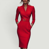 Vestido Midi Pencil Cuello Mandarín Cinturón