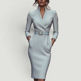 Vestido Midi Pencil Cuello Mandarín Cinturón