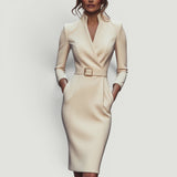 Vestido Midi Pencil Cuello Mandarín Cinturón