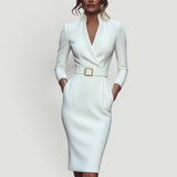 Vestido Midi Pencil Cuello Mandarín Cinturón