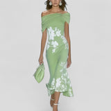 Vestido Midi Off Shoulder Floral Drapeado Asimétrico