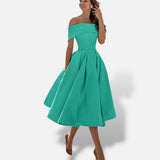 Vestido Midi Hombros Descubiertos Evasé