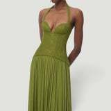 Vestido Largo Halter Encaje Falda Plisada