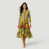 Vestido Midi Florales Boho Manga Tres Cuartos
