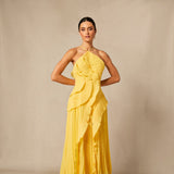 Vestido Midi Halter Plisado con Volantes