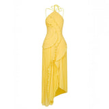 Vestido Midi Halter Plisado con Volantes