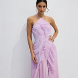 Vestido Midi Halter Plisado con Volantes