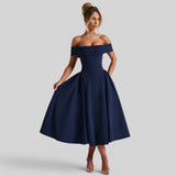 Vestido Midi Off-Shoulder Plisado