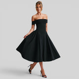 Vestido Midi Off-Shoulder Plisado
