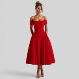 Vestido Midi Off-Shoulder Plisado