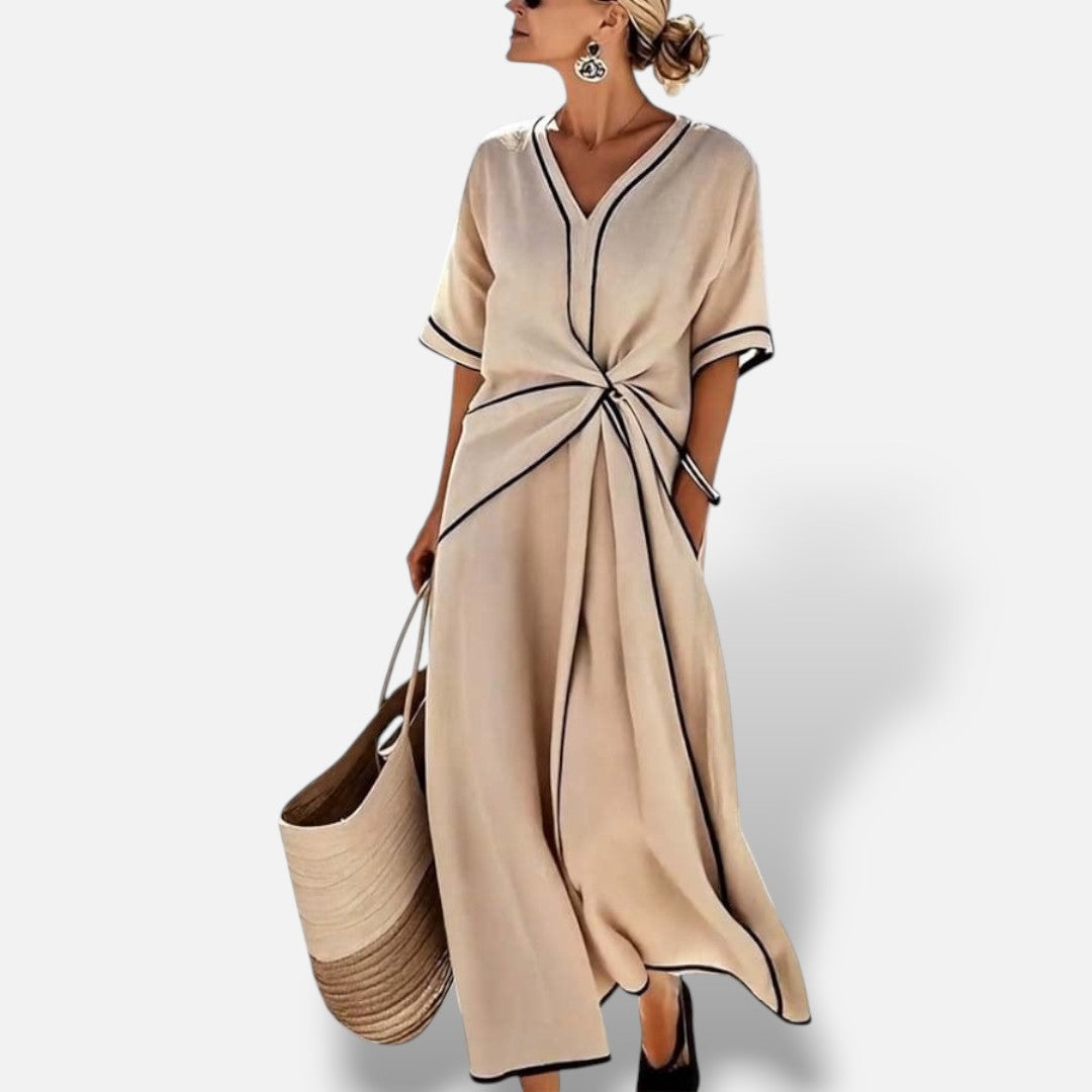 Vestido Escote V Drapeado Contraste