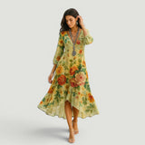 Vestido Midi Florales Boho Manga Tres Cuartos