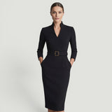 Vestido Midi Pencil Cuello Mandarín Cinturón