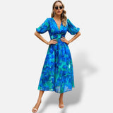 Vestido Midi Floral Mangas Abullonadas