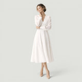 Vestido Midi Boda Manga Bishop Escote V