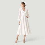 Vestido Midi Boda Manga Bishop Escote V
