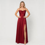 Vestido Largo Satén Escote Cowl Abertura