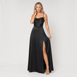 Vestido Largo Satén Escote Cowl Abertura