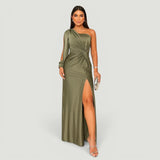 Vestido Largo Un Hombro Satén Nudo Frontal Fenda