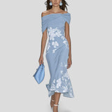 Vestido Midi Off Shoulder Floral Drapeado Asimétrico