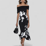 Vestido Midi Off Shoulder Floral Drapeado Asimétrico