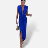 Vestido Maxi Plisado Escote Profundo