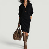 Vestido Midi Punto Canelado Cuello Polo Botones