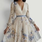 Vestido Largo Florales Manga Larga Plisado