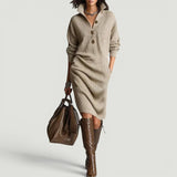 Vestido Midi Punto Canelado Cuello Polo Botones