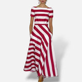 Vestido maxi El Armario de Lola Kelsey com corte em A, riscas vermelhas e brancas e decote barco elegante