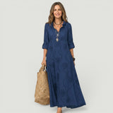 Vestido Largo Bordado Tonal Cuello Volante Lino