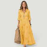 Vestido Largo Bordado Tonal Cuello Volante Lino