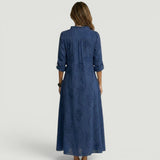Vestido Largo Bordado Tonal Cuello Volante Lino