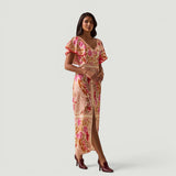 Vestido Largo Tropical Escote V Manga Flutter Fenda
