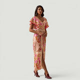 Vestido Largo Tropical Escote V Manga Flutter Fenda