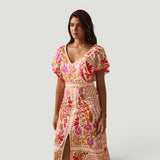 Vestido Largo Tropical Escote V Manga Flutter Fenda
