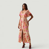 Vestido Largo Tropical Escote V Manga Flutter Fenda