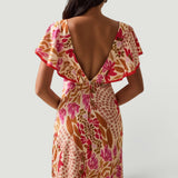 Vestido Largo Tropical Escote V Manga Flutter Fenda