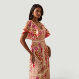 Vestido Largo Tropical Escote V Manga Flutter Fenda