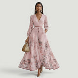 Vestido Largo Florales Manga Larga Plisado