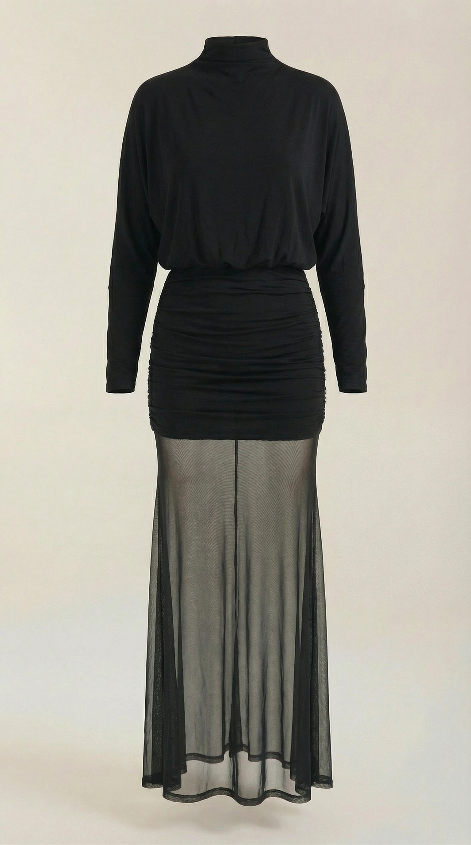 Vestido largo de malla con fruncido