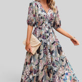 Vestido Midi Floral Manga Abullonada